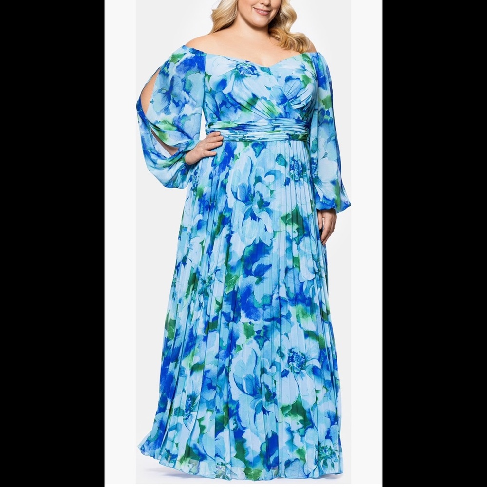 Xscape Blue and Green Floral Pleated Maxi Dress 16W